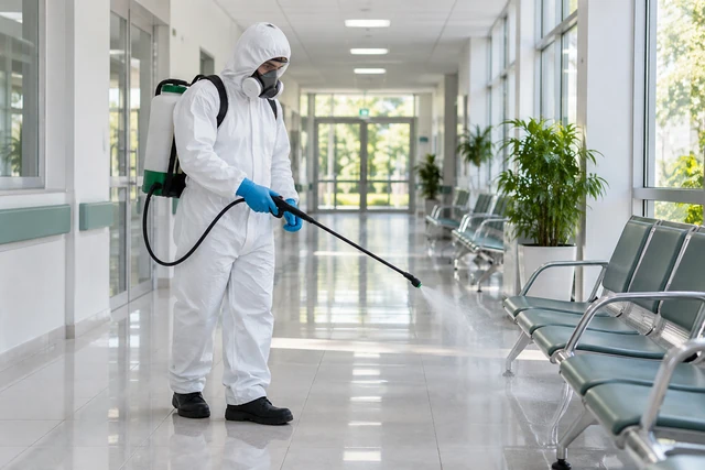Especialista desinfectando instalaciones