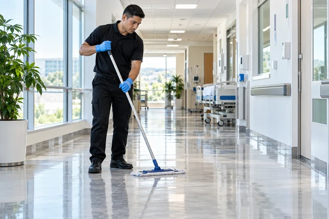 Profesional limpiando un pasillo institucional